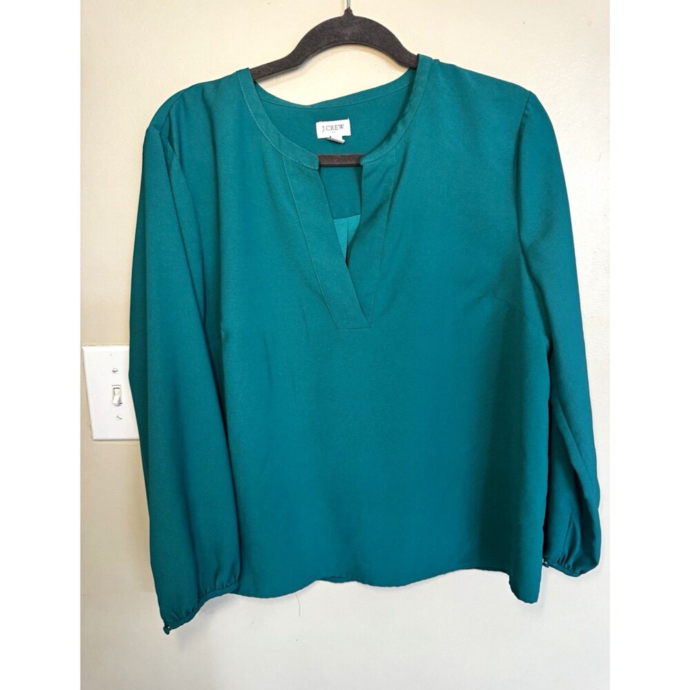 J.Crew Green Solid V-Neck Long Sleeve Woven Polyester Pullover Blouse L AS343
